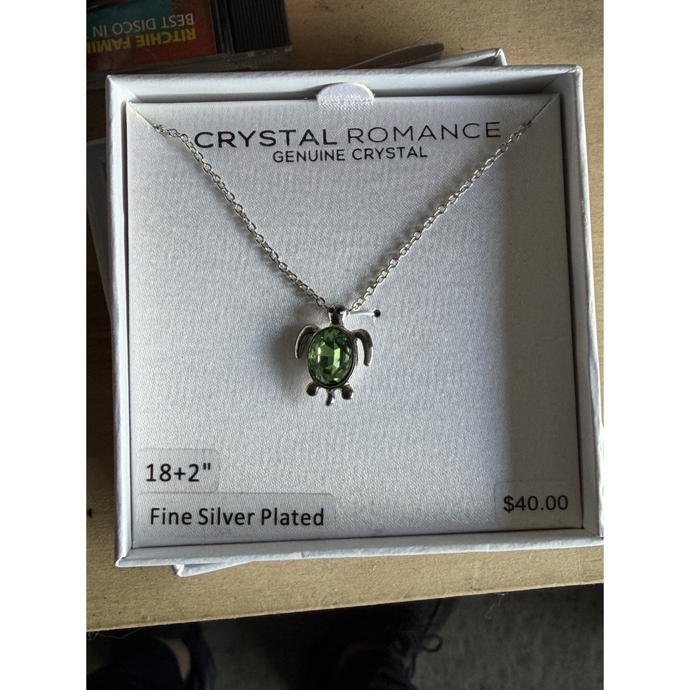Crystal Romance Silver Plated Turtle‎ Necklace w/ Green Crystal 18+2" NIB
